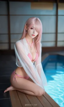 Pink bikini+ripped white stockings, 日本語