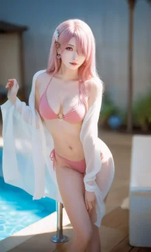 Pink bikini+ripped white stockings, 日本語