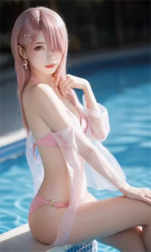 Pink bikini+ripped white stockings, 日本語