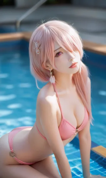 Pink bikini+ripped white stockings, 日本語